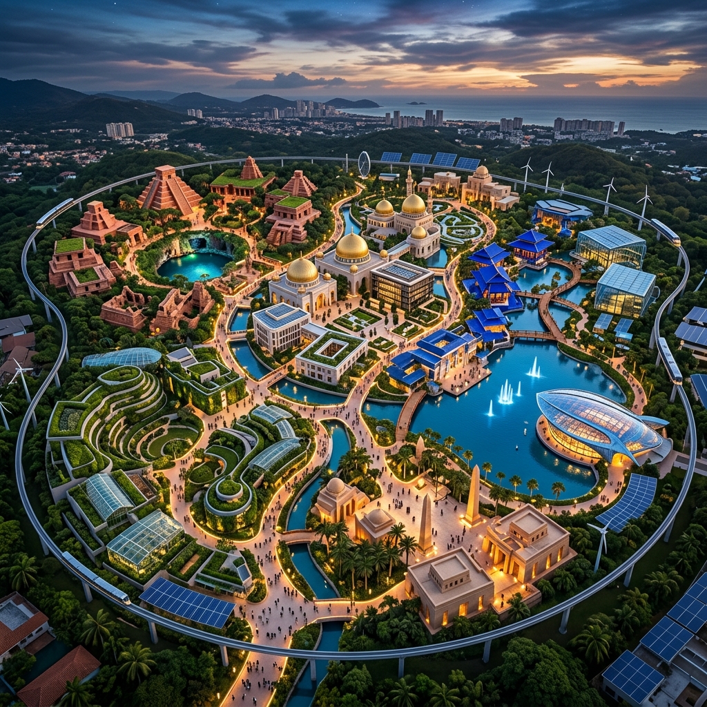 Visual conceitual de um parque cultural imersivo com áreas inspiradas em diferentes civilizações